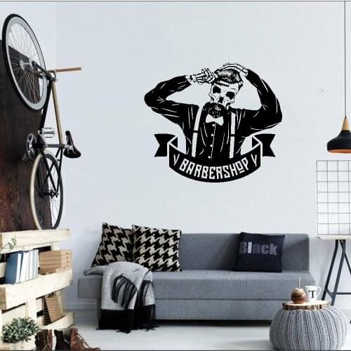 Skeleton Hairdresser Wall Stickers For Barbershop Decoration Vinyl Hair Stylist Wall Decal Self-adhesive Art Barber DW11253