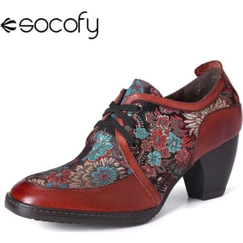 SOCOFY Retro Pumps Embroidery Flowers Genuine Leather Graceful Zipper Pumps Shoes Women Shoes Botas Mujer 2020