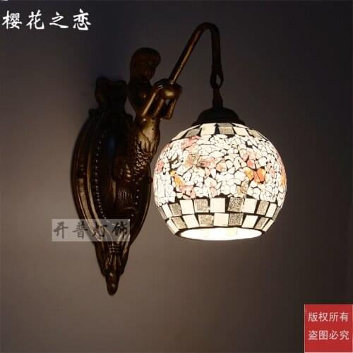 Mediterranean Tiffany Mermaid Wall Lamp AC 110/220V E27 Wall Lamps for Home Corridor Bedroom