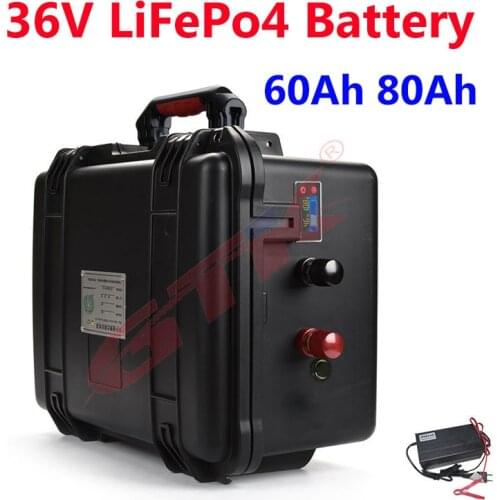 Waterproof Lifepo4 battery 36V 80Ah 60Ah with BMS for 80lbs 112lbs trolling motor sea fishing boats +10A charger