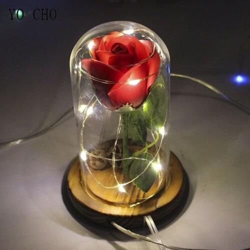YO CHO Creative Birthday Gift Artificial Soap Flowers LED Lamp Red Roses in Glass Dome on Wooden Base Valentines Gift Home Decor