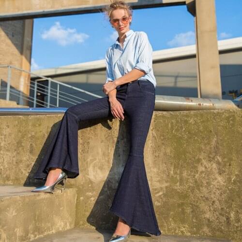 2020 spring fall women European vintage irregular flare jeans female slim long mermaid fishtail denim trousers Y682