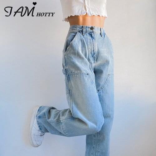 Punk Style Big Pockets Baggy Straight Jeans Women Casual Wide Mom Jeans Boyfriend High Waist Denim Trousers Cargo Pants Iamhotty