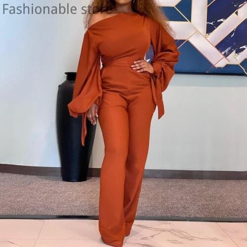 Women Elegant Lantern Sleeve Lace-up Solid Color Jumpsuits Plus Size