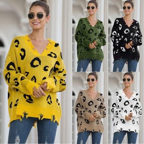 Leopard Print Womens Sweater Autumn 2021 Fashion V-Neck Long Sleeve Perforated Loose Casual Bat Sleeve Pullover Top Plus Size
