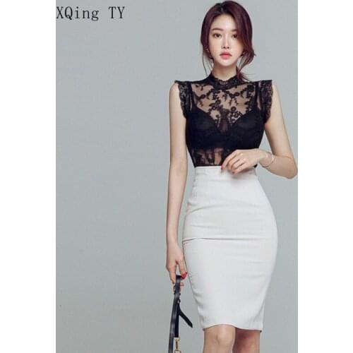 2021 Womens Outfits Summer Elegant Black Lace Embroidery Perspective Sleeveless Blouse + Slim Bodycon Pencil Skirt 2 Piece Set