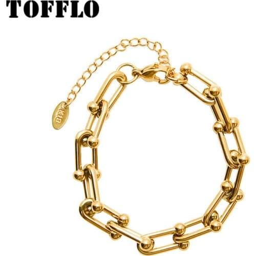 TOFFLO Stainless Steel Jewelry Horseshoe Buckle U-Shaped Bracelet Womens Exaggerated Bracelet BSE136