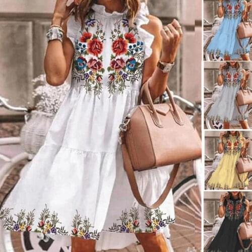2021 Fashion Floral Printed Dress Summer Elegant Short Women Dresses Butterfly Sleeve Casual Ruffled Neck A-line Dresses Female