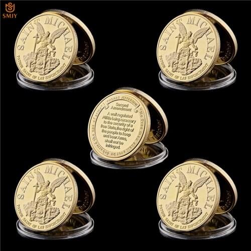 5Pcs USA St. Michael Archangel Guardian Law Enforcement Prayer Gold Plated Token Commemorative Coins Collection