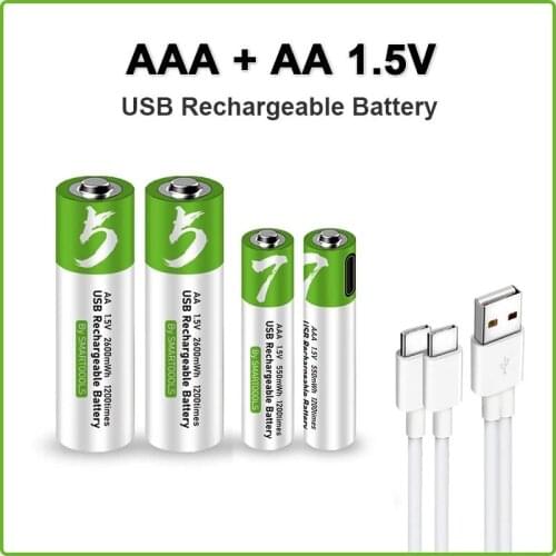 Latest AA + AAA battery AA 1.5V 2600mWh/1.5V AAA 550mWh Usb rechargeable li-ion batteries for Electric toy battery +TYPE-C Cable