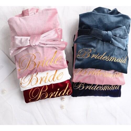 Velvet Bride Bridesmaid Embroidery Letter Wedding Robe Nightgown Kimono Robe Soft Women Velour Nightdress Home Clothes