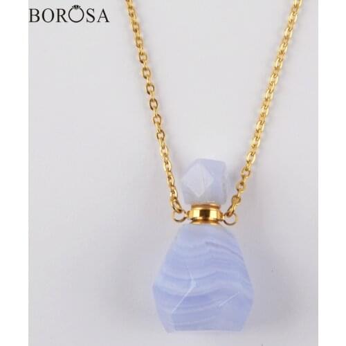 BOROSA Blue Lace Agates Necklace Pendant Faceted Gems Stone Perfume Bottle Connector Gold Essential Oil Jewelry for Women WX1329