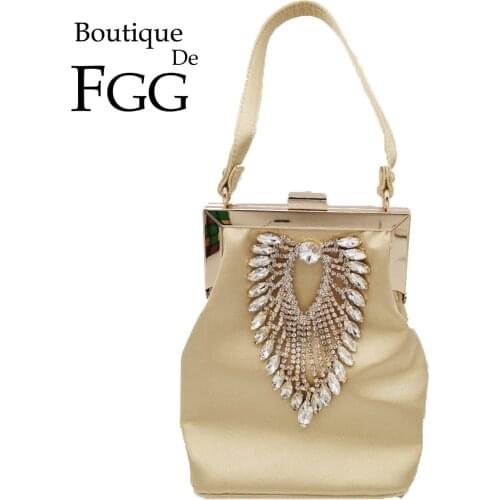Boutique De FGG Diamond Women Satin Evening Purses Bag Wedding Cocktail Metal Clutches Handbags Bridal Crystal Clutch Totes Bag