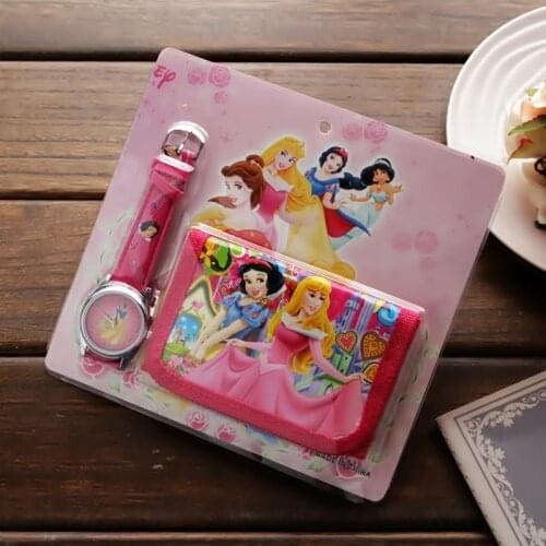 Disney new cartoon princess watch with wallet birthday gift for children cartoon watch set quartz clock doll accessories