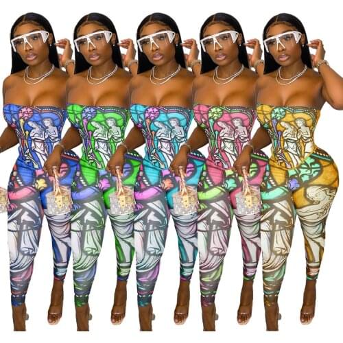 Chiclover Summer Two Piece Set Wholesale Items Strapless Vest and Leggings Sexy Tights Painting Print Pants Sets Dropshipping