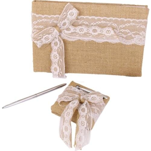 Rustic Chic Burlap Hessian Jute Wedding Guest Book & Pen Set W.Lace Bowknot