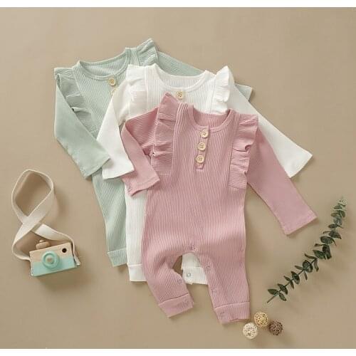 Spring Neworn Baby Clothes 0-18M Infant Baby Girls Long Flare Sleeve Solid Color Rompers Jumpsuit Kids Outfits