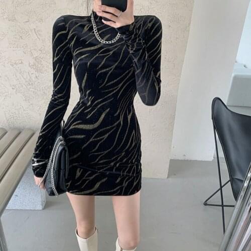 Elegant Bronzing Striped O-neck Long Sleeve Black Sexy Club Womens Clothes Solid High Waist Slim Summer 2021 Mini Dress Female