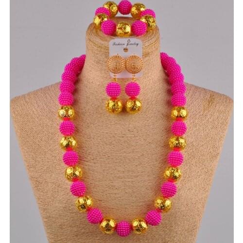 Fuchsia pink 24 inches simulated pearl nigerian beads necklace african jewelry set FZZ34