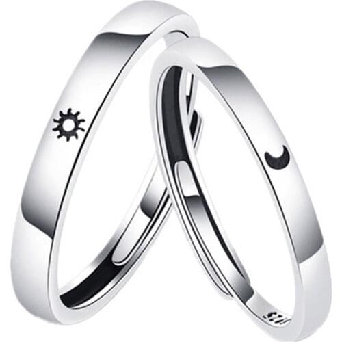 2 Pcs Promise Ring Set Sun and Moon Style Silver Plating Band Ring Gift for Couple Boyfriend Girlfriend SANA889