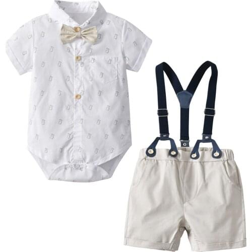 Boys Girls Clothing Set 3M-3Y Summer Short Sleeve Shirt Rompers & Short Bib Pant & Bow Tie Kids Fashion Gentleman Shirt Suits