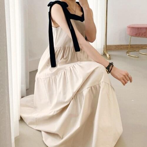 Korean Chic Summer French Style Thin Square Collar Contrast Color Tie Bow High Waist Pleated Loose Long Dress