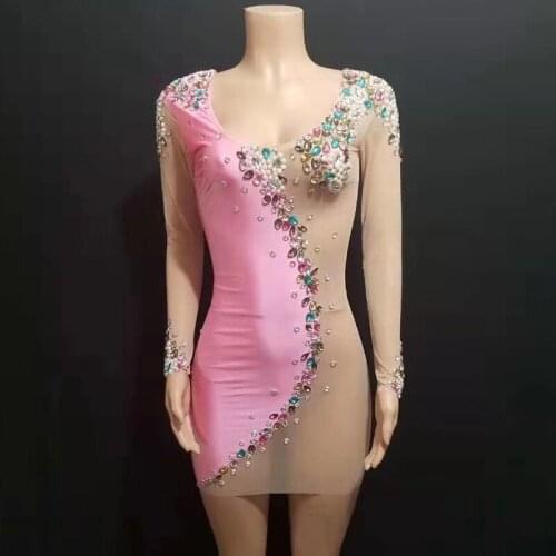 Big Rhinestones Pearls Pink Mesh Perspective Short Dress Prom Birthday Party Dresses Nightclub Bar Evening Stage Outfits DT1621