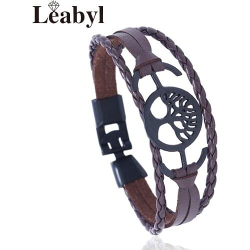 Leabyl Classsic Casual Tree of Life Charm Wrap Vintage Bracelet for Men Brown Cow Leather Strap Punk Bracelet Pulsera Hombre