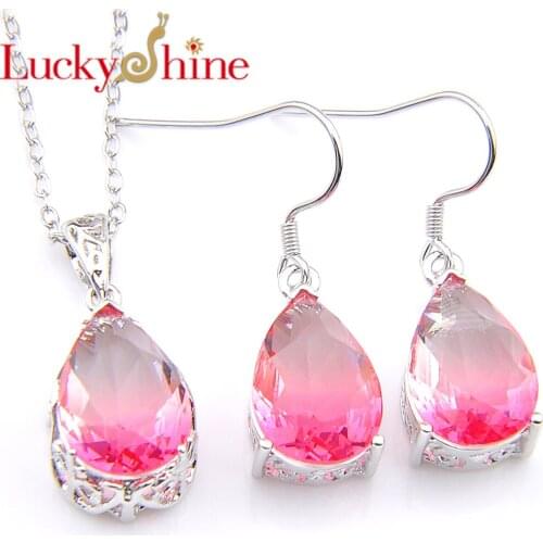 Luckyshine Fashion Honey Water Drop pink Gradient Tourmaline Crystal Pendants Drop Earrings Wedding For Women Jewelry Sets