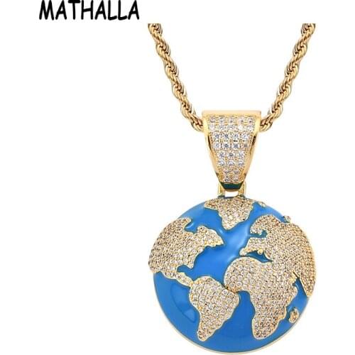 MATHALLA Mens New Gold Globe Pendant Necklace with 3mm Tennis Chain Gold Silver AAA Zircon Necklace Fashion Jewelry