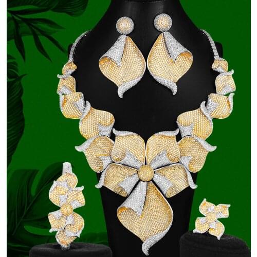 Missvikki Luxury Big Blooming flowers Bangle Earrings Necklace Ring Jewelry Set for Women Stage Performance Party Bridal Wedding