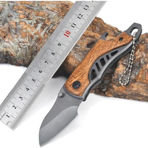 Titanium plated steel wooden handle multifunctional outdoor folding knife portable tool self defense mini folding knife