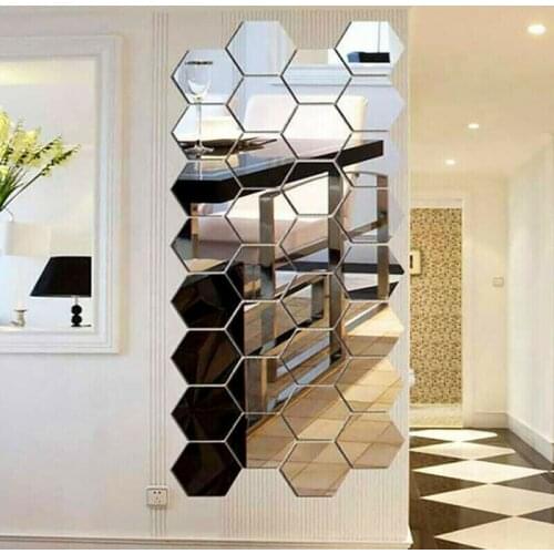 48Pcs Set 3D Hexagon Acrylic Mirror Wall Stickers DIY Art Wall Stickers Living Room Mirrored Decorative Stickers Mirror Decor