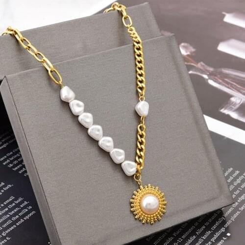 316L Stainless Steel New Fashion Fine Jewelry Irregular Pearl Sun Flower Charms Thick Chain Choker Necklaces Pendants For Women