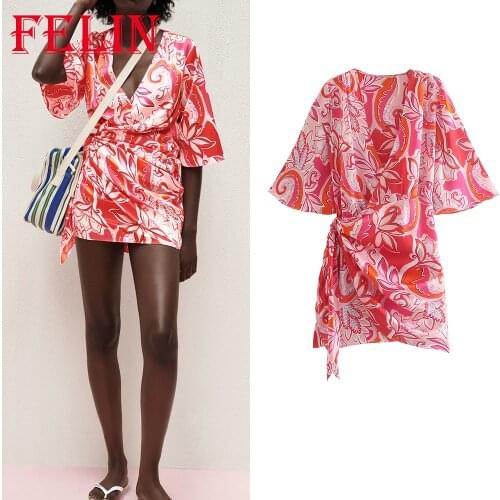 FELIN Za 2021 Beach Styles Red Floral Sexy Mini Dress Short Sleeve Pleated V Neck Summer Dress Sashes Elegant Mujer Vestidos