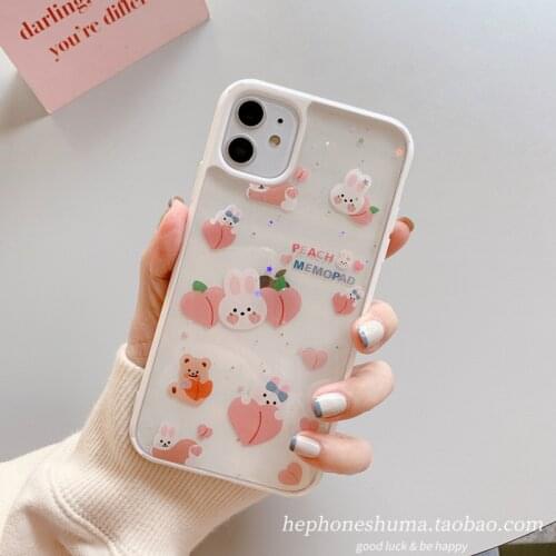 Korean Glitter rabbit peach soft TPU phone case for iphone 12 11 Pro Max X XS XR 7 8 plus 2020 SE Transprent Shck Proof cover