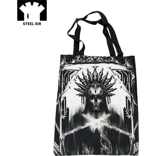 Stellsir Punk Fashion Canvas Shoulder Bag Black Printed Shopping Hand Bag Casual Bag