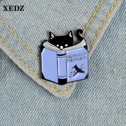 XEDZ Dark Assassin Cat Reading Blue Letter Magic Book Animal Badge Exquisite popular Enamel Pin Lapel Cloth Brooch Jewelry