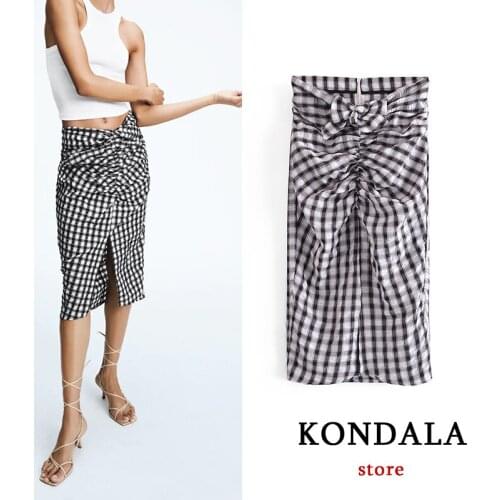 KONDALA Za Plaid Print Vintage Pleated Skirts Women Front Split High Waist Elegant Midi Skirts Mujer Fashion 2021 Fladas