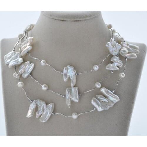 Z10784 44" 26mm White Baroque Double Biwa Round Pearl Hematite Necklace