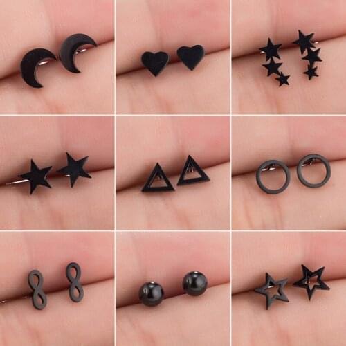 Oly2u Black Stainless Steel Geometric Stud Earrings for Women Girls Small Round Heart Star Moon Earing Piercing Jewelry Pendient