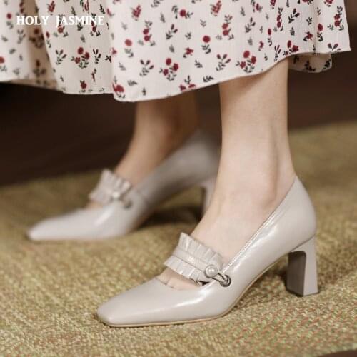 2021 New Pumps Women Mary Jane High Heels Pumps Female Pearl Decor Shoes Ladies Point Toe Genuine Leather Shoes High Heels Sexy