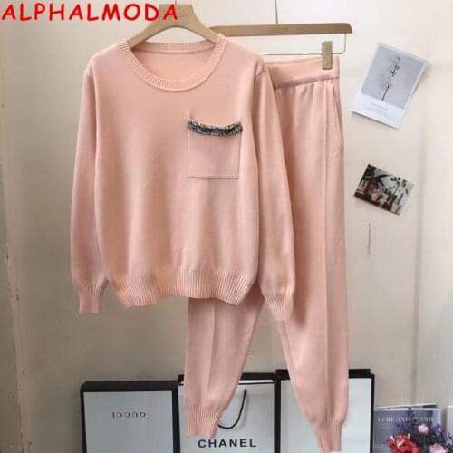 ALPHALMODA Pullover Sweater + Pants Women Autumn Winter New Style Knitting Tracksuits Comfy Loungwear 2pcs Set
