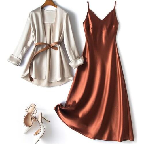 2021 spring and autumn new acetic acid satin suspender skirt two-piece female fashion temperament pure color dress