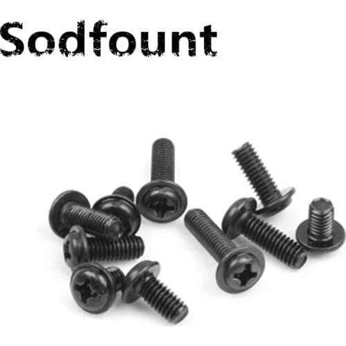 100pcs/Lot Cross round head with pad screw M1.7M2M2.5 PWM carbon steel black pan head with gasket machine teeth electronic screw