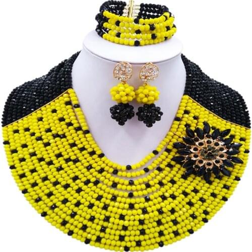ACZUV Black and Yellow African Costume Jewelry Set Nigerian Beads Bridal Party Jewelry Sets 15C-012