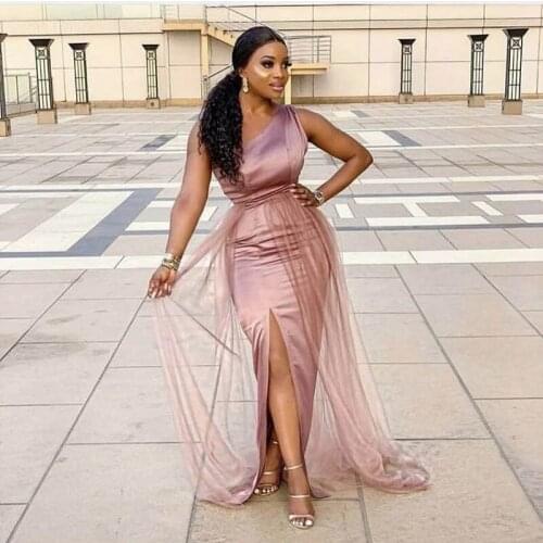 ANGELSBRIDEP Dusty Pink One-shoulder Prom Dresses Vestidos De Festa Sexy Side Split Birthday Evening Party Gowns Plus Size