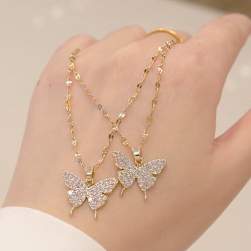 Stainless Steel Butterfly Crystal Necklace Women Fashion Jewelry Simple Choker Collares Temperament Pendants