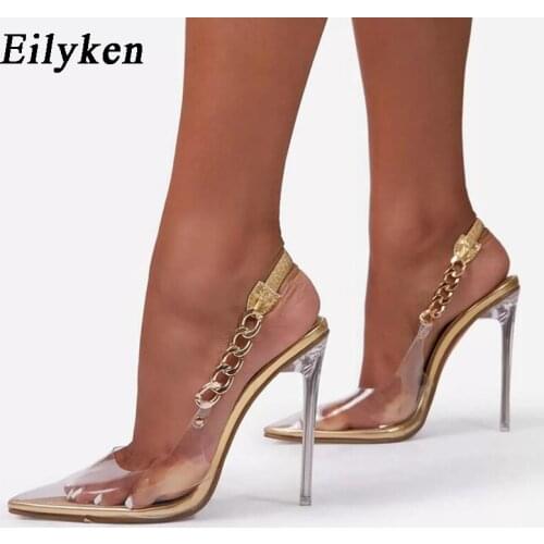 Eilyken Pvc Transparent Pointed Toe Pumps Women Sexy Chain Elastic Strap Crystal Heel Ladies Stiletto High Heels Wedding Shoes