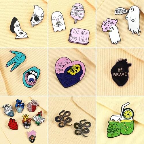Personality Horror Theme Enamel Pin Snake Ghost Artistic Heart Brooches Jean Jacket Lapel Pins Bag Decoration Badges Jewelry New